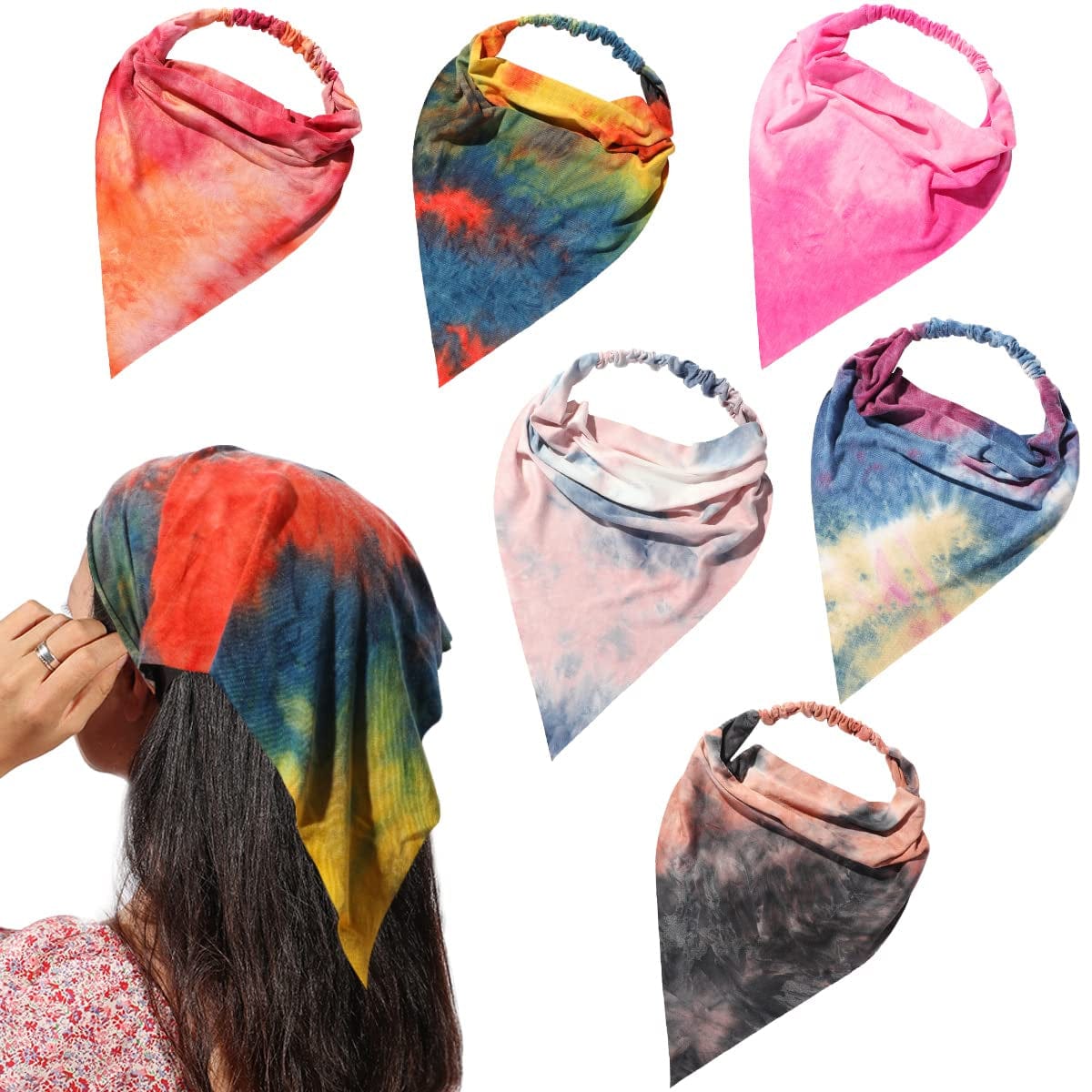 6 Pack Hair Scarf Headband for Women - Elastic Hair Kerchief Large Boho Triangle Bandana Head Scarf with Clips Non Slip Solid Color Headbands Hair Scarves for Teen Girls Apparel & Accessories > Clothing Accessories > Bandanas & Headties Vercret N Splash Ink  