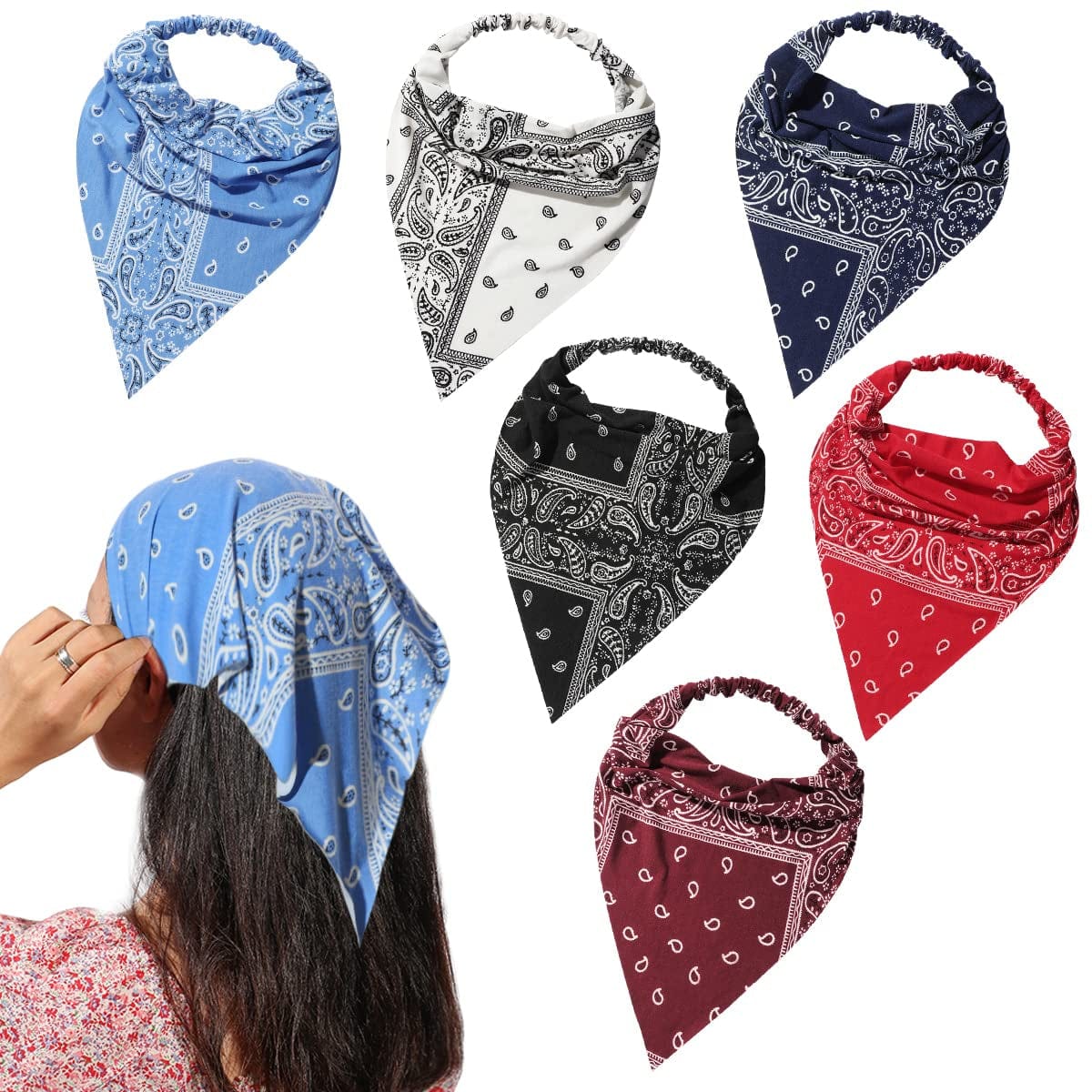 6 Pack Hair Scarf Headband for Women - Elastic Hair Kerchief Large Boho Triangle Bandana Head Scarf with Clips Non Slip Solid Color Headbands Hair Scarves for Teen Girls Apparel & Accessories > Clothing Accessories > Bandanas & Headties Vercret G Paisley Print  