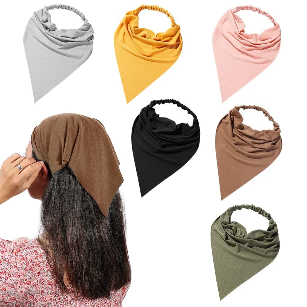 6 Pack Hair Scarf Headband for Women - Elastic Hair Kerchief Large Boho Triangle Bandana Head Scarf with Clips Non Slip Solid Color Headbands Hair Scarves for Teen Girls Apparel & Accessories > Clothing Accessories > Bandanas & Headties Vercret E Dack Colors  