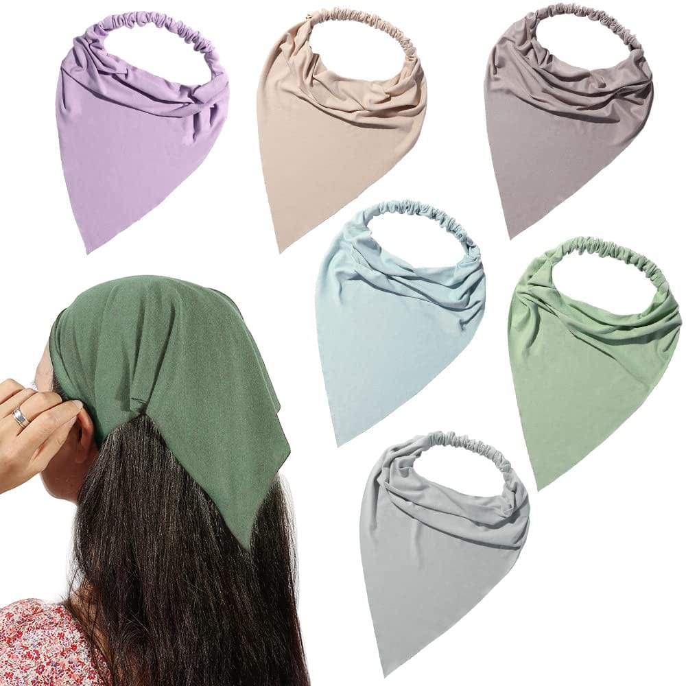 6 Pack Hair Scarf Headband for Women - Elastic Hair Kerchief Large Boho Triangle Bandana Head Scarf with Clips Non Slip Solid Color Headbands Hair Scarves for Teen Girls Apparel & Accessories > Clothing Accessories > Bandanas & Headties Vercret H Warm Colors  