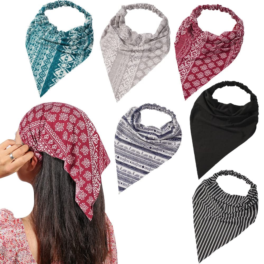 6 Pack Hair Scarf Headband for Women - Elastic Hair Kerchief Large Boho Triangle Bandana Head Scarf with Clips Non Slip Solid Color Headbands Hair Scarves for Teen Girls Apparel & Accessories > Clothing Accessories > Bandanas & Headties Vercret C Pack Floral  