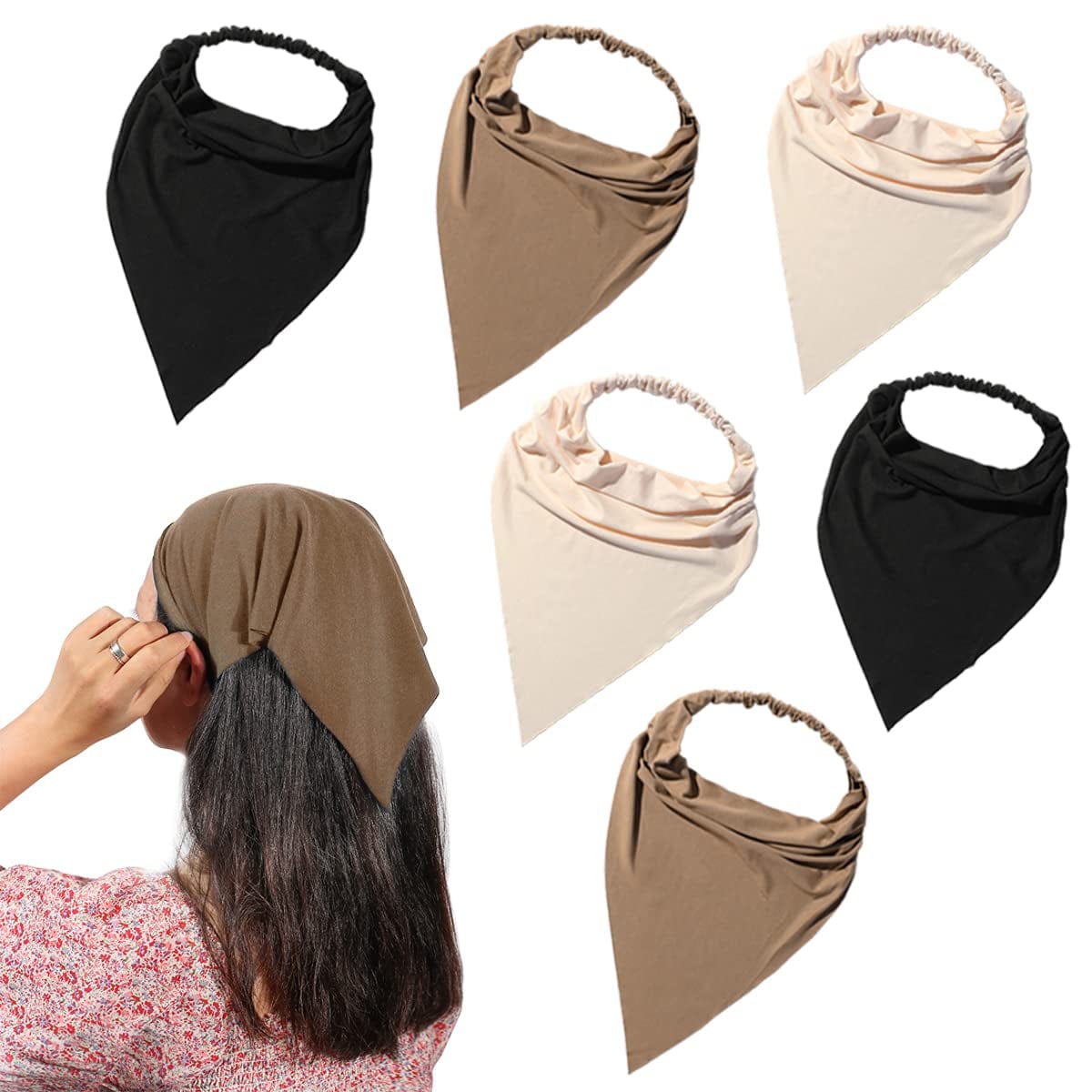 6 Pack Hair Scarf Headband for Women - Elastic Hair Kerchief Large Boho Triangle Bandana Head Scarf with Clips Non Slip Solid Color Headbands Hair Scarves for Teen Girls Apparel & Accessories > Clothing Accessories > Bandanas & Headties Vercret I Dark Colors  
