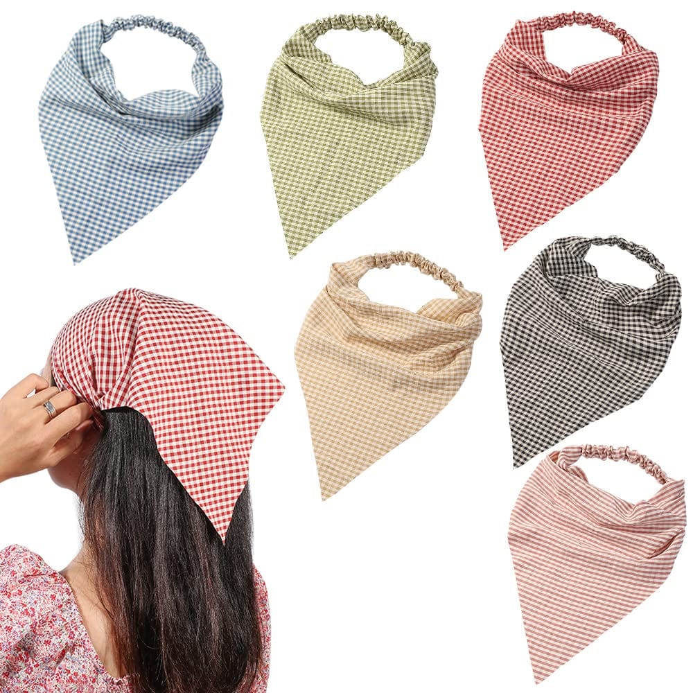 6 Pack Hair Scarf Headband for Women - Elastic Hair Kerchief Large Boho Triangle Bandana Head Scarf with Clips Non Slip Solid Color Headbands Hair Scarves for Teen Girls Apparel & Accessories > Clothing Accessories > Bandanas & Headties Vercret D Pack Plaid Printed  