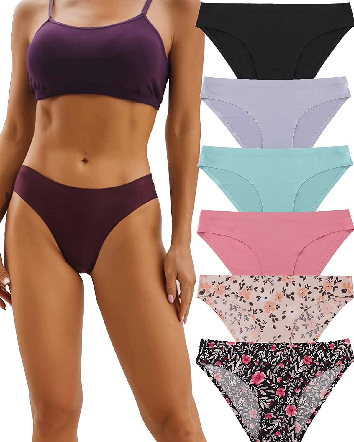 6 Pack Women’S Seamless Hipster Underwear No Show Panties Invisibles Briefs Soft Stretch Bikini Underwears XS-XL Apparel & Accessories > Clothing > Underwear & Socks > Underwear KYLIE MAX Floral B 6 Pack Small 