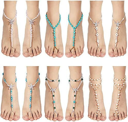6 Pairs Feet Jewelry Barefoot Sandals Toe Rings Foot Chains Starfish Faux Pearls Elastic Beaded Turquoise Anklet Chains Jewelry with Rhinestone Ring for Women Girls Wedding Beach Wearing Apparel & Accessories > Jewelry > Anklets Hicarer   