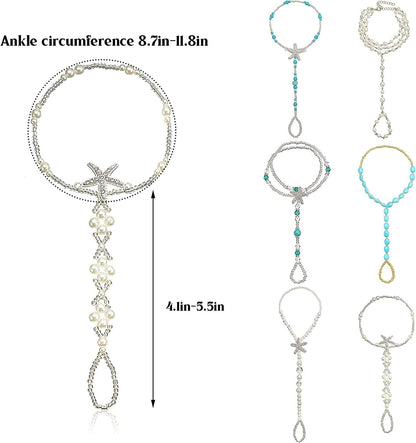 6 Pairs Feet Jewelry Barefoot Sandals Toe Rings Foot Chains Starfish Faux Pearls Elastic Beaded Turquoise Anklet Chains Jewelry with Rhinestone Ring for Women Girls Wedding Beach Wearing Apparel & Accessories > Jewelry > Anklets Hicarer   