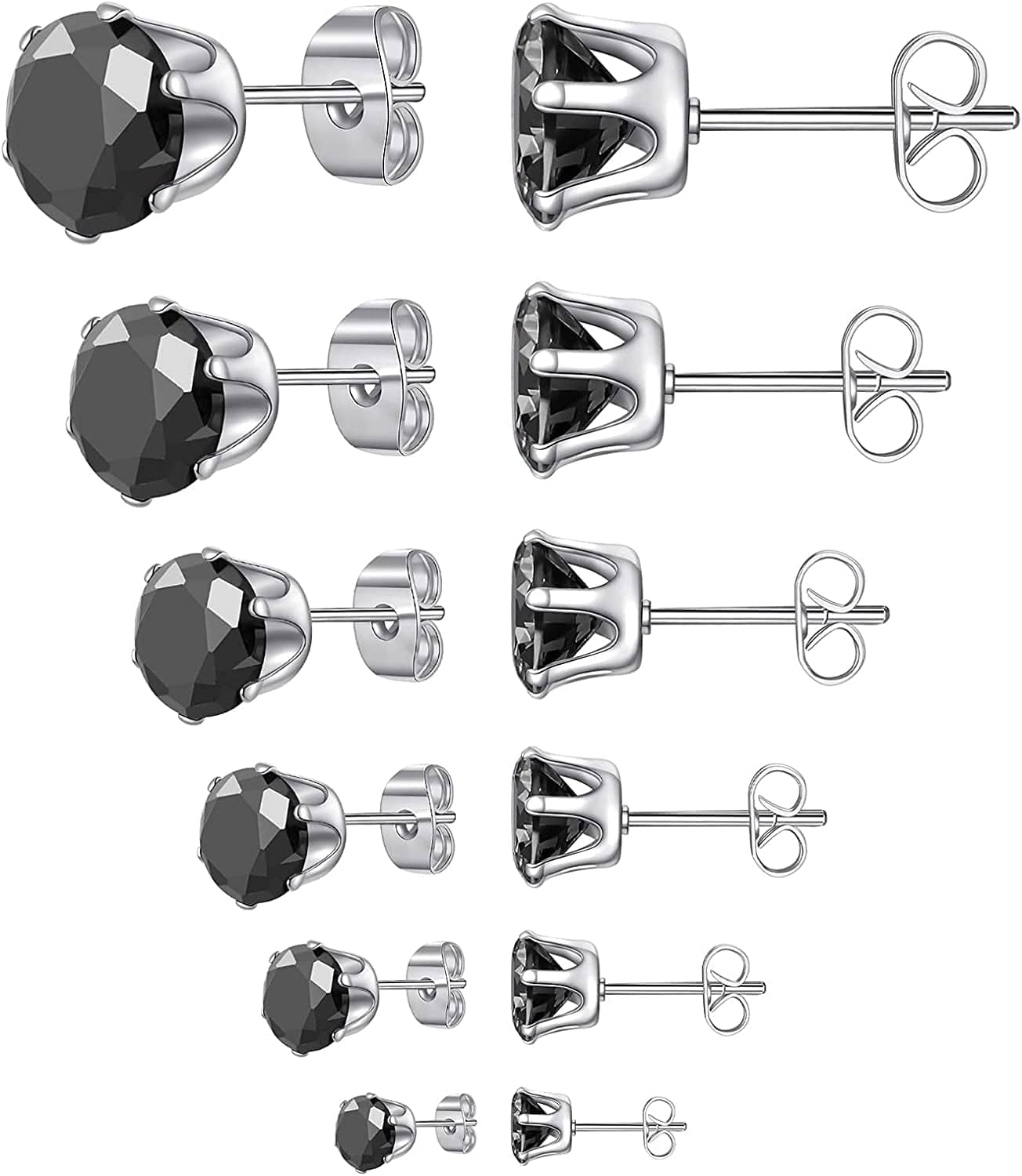 6 Pairs Stud Earrings Set,Clear Cubic Zirconia 316L Stainless Steel Earrings for Women for Men 3-8Mm G Black stone