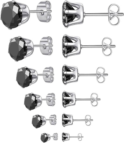 6 Pairs Stud Earrings Set,Clear Cubic Zirconia 316L Stainless Steel Earrings for Women for Men 3-8Mm G Black stone