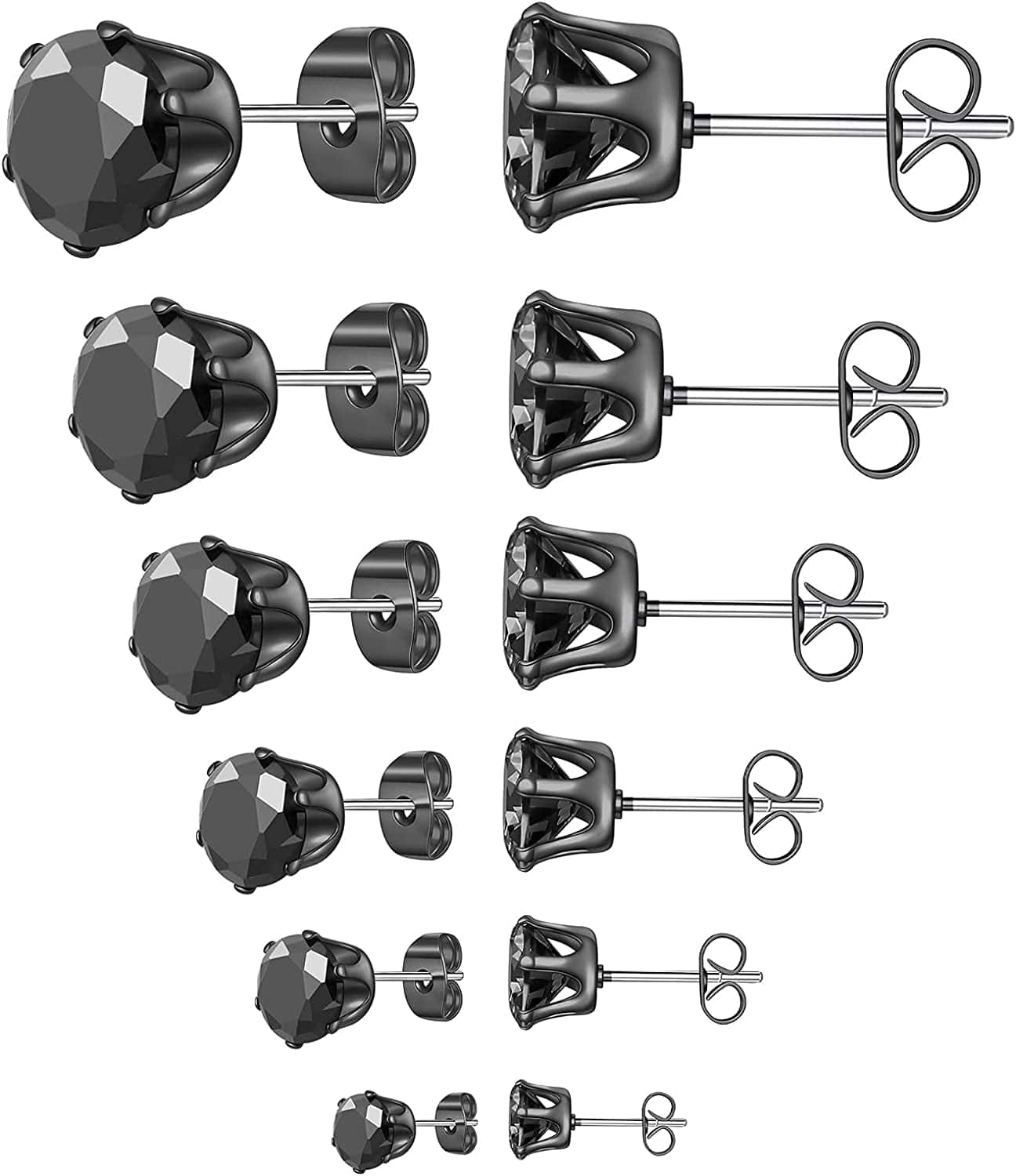 6 Pairs Stud Earrings Set,Clear Cubic Zirconia 316L Stainless Steel Earrings for Women for Men 3-8Mm E Black gold
