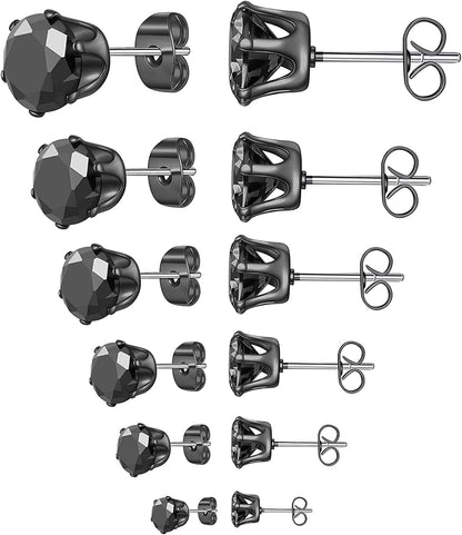 6 Pairs Stud Earrings Set,Clear Cubic Zirconia 316L Stainless Steel Earrings for Women for Men 3-8Mm E Black gold