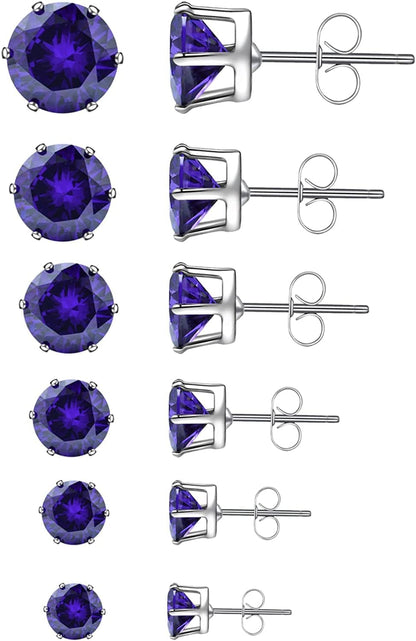 6 Pairs Stud Earrings Set,Clear Cubic Zirconia 316L Stainless Steel Earrings for Women for Men 3-8Mm J Amethyst