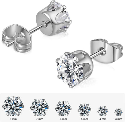 6 Pairs Stud Earrings Set,Clear Cubic Zirconia 316L Stainless Steel Earrings for Women for Men 3-8Mm