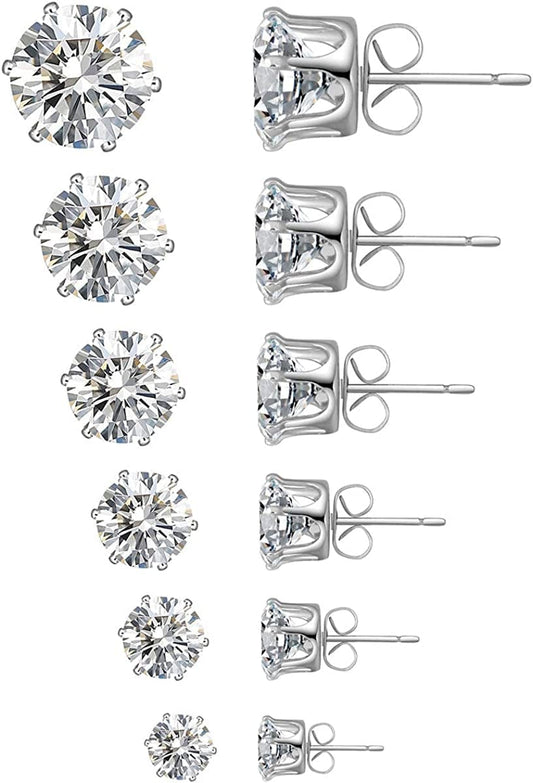 6 Pairs Stud Earrings Set,Clear Cubic Zirconia 316L Stainless Steel Earrings for Women for Men 3-8Mm A White gold