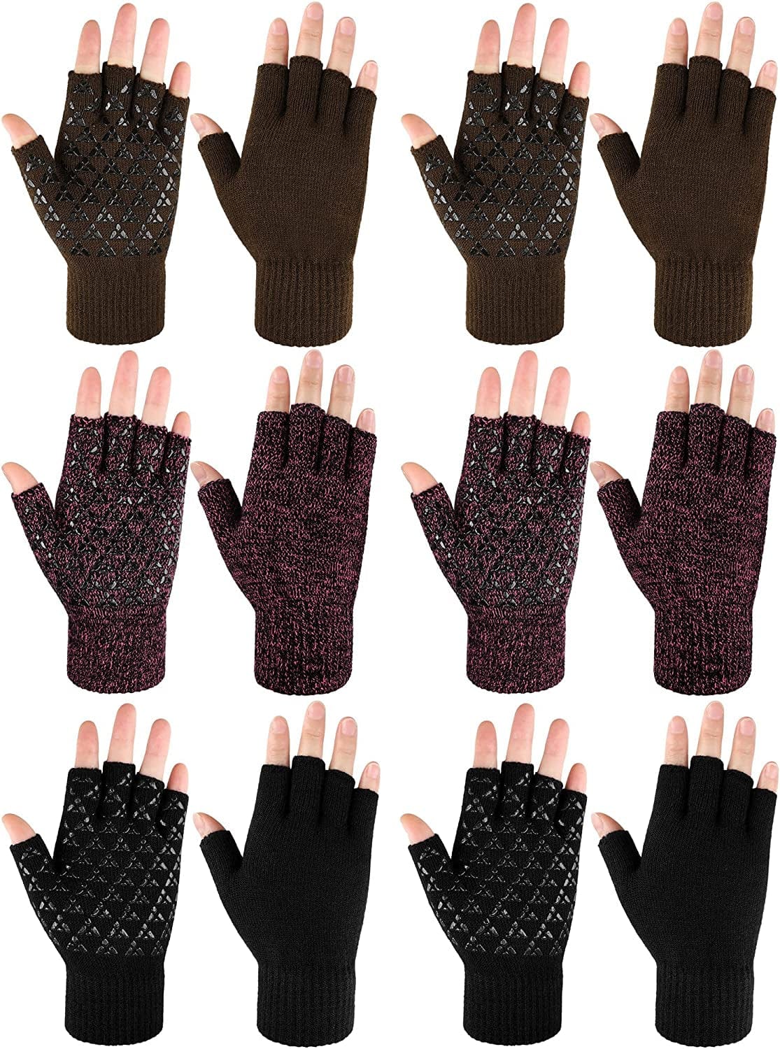 6 Pairs Winter Half Fingerless Knit Gloves Stretchy Anti-Slip Gloves Warm Texting Mittens for Men Women Apparel & Accessories > Clothing Accessories > Gloves & Mittens Geyoga Black, Coffee, Black Red  