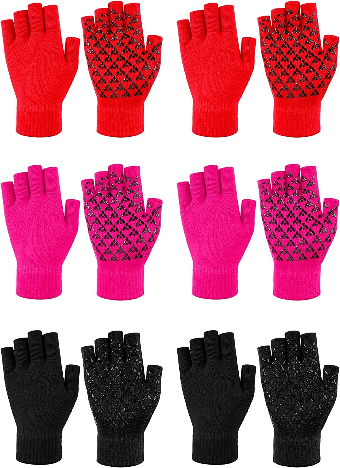 6 Pairs Winter Half Fingerless Knit Gloves Stretchy Anti-Slip Gloves Warm Texting Mittens for Men Women Apparel & Accessories > Clothing Accessories > Gloves & Mittens Geyoga Black, Red, Rose Red  
