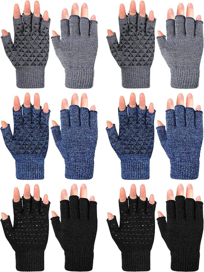 6 Pairs Winter Half Fingerless Knit Gloves Stretchy Anti-Slip Gloves Warm Texting Mittens for Men Women Apparel & Accessories > Clothing Accessories > Gloves & Mittens Geyoga Black, Navy Blue, Light Grey  