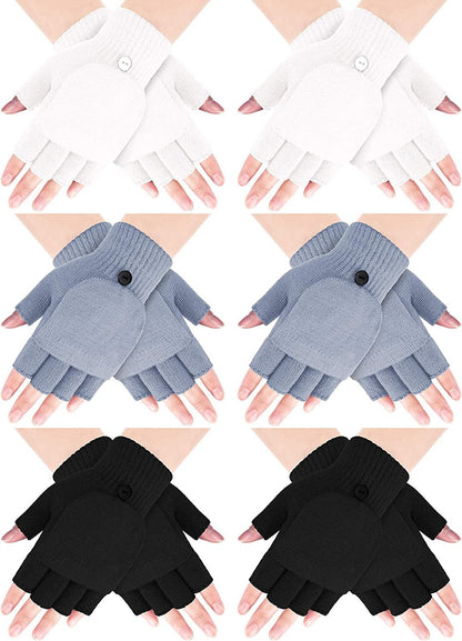 6 Pairs Women Winter Flip Gloves Convertible Mittens Thick Knitted Half Finger Gloves with Cover Apparel & Accessories > Clothing Accessories > Gloves & Mittens SATINIOR Black, White, Grey  