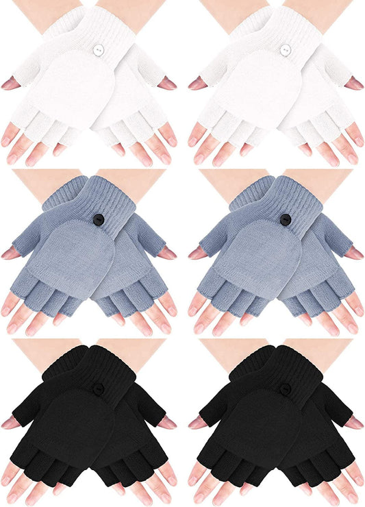 6 Pairs Women Winter Flip Gloves Convertible Mittens Thick Knitted Half Finger Gloves with Cover Apparel & Accessories > Clothing Accessories > Gloves & Mittens SATINIOR Black, White, Grey  
