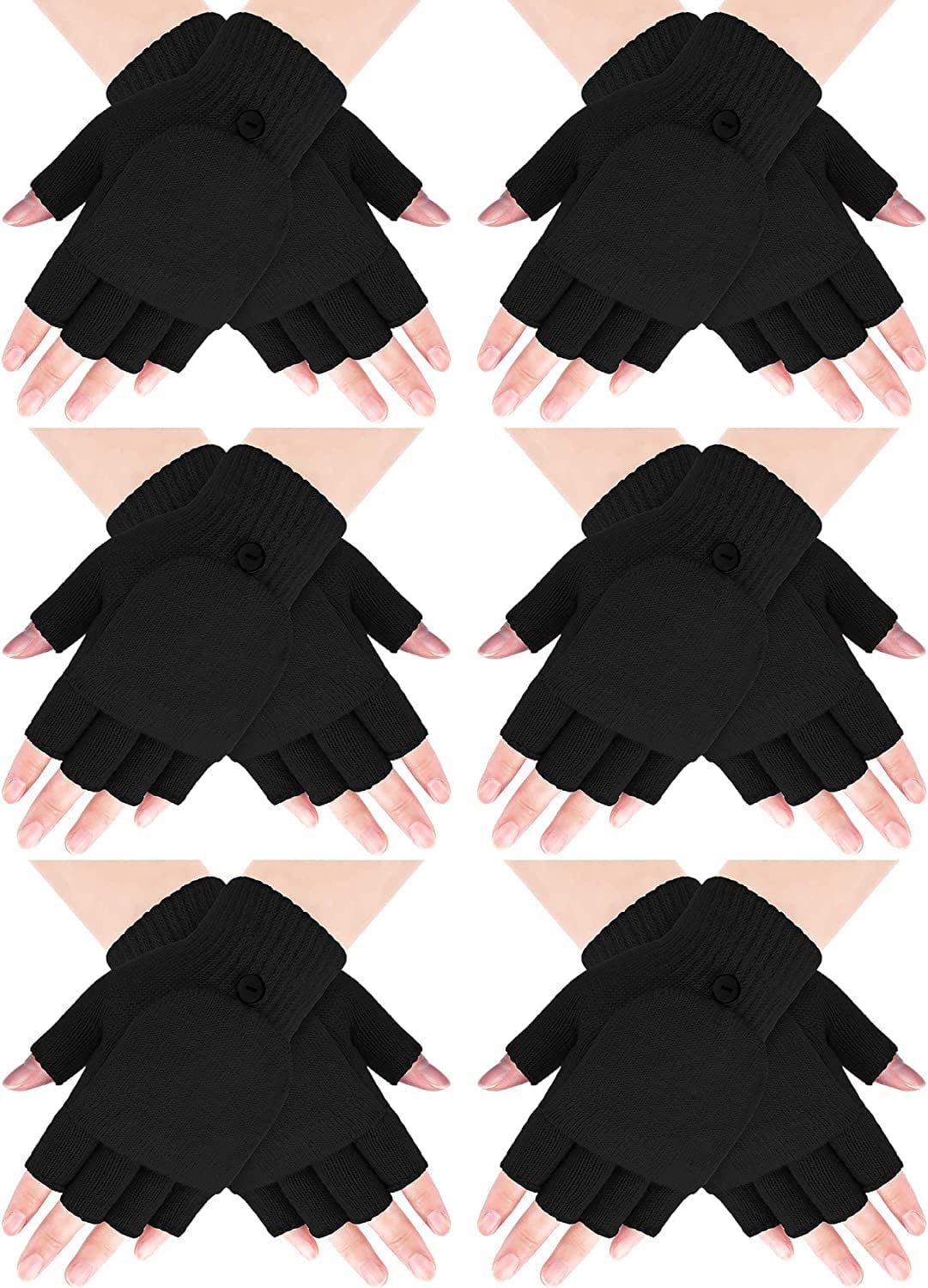 6 Pairs Women Winter Flip Gloves Convertible Mittens Thick Knitted Half Finger Gloves with Cover Apparel & Accessories > Clothing Accessories > Gloves & Mittens SATINIOR Black  
