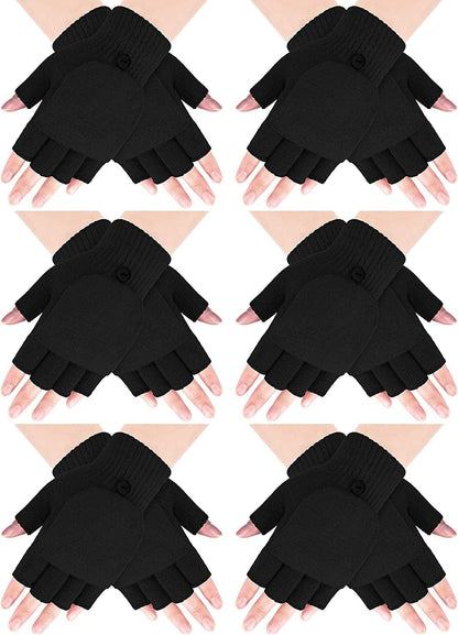 6 Pairs Women Winter Flip Gloves Convertible Mittens Thick Knitted Half Finger Gloves with Cover Apparel & Accessories > Clothing Accessories > Gloves & Mittens SATINIOR Black  