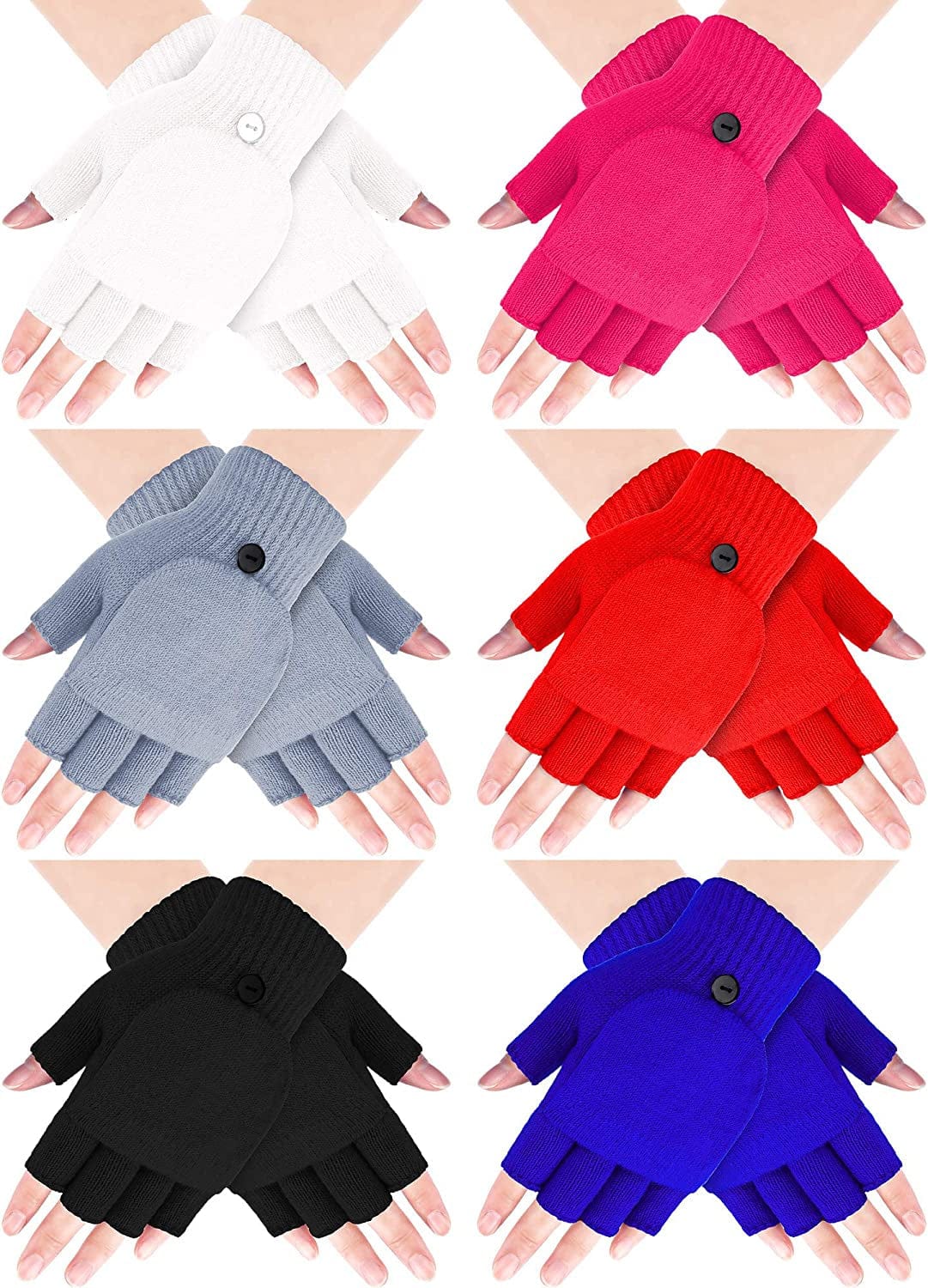 6 Pairs Women Winter Flip Gloves Convertible Mittens Thick Knitted Half Finger Gloves with Cover Apparel & Accessories > Clothing Accessories > Gloves & Mittens SATINIOR Black, White, Gray, Rose Red, Red, Royal Blue  