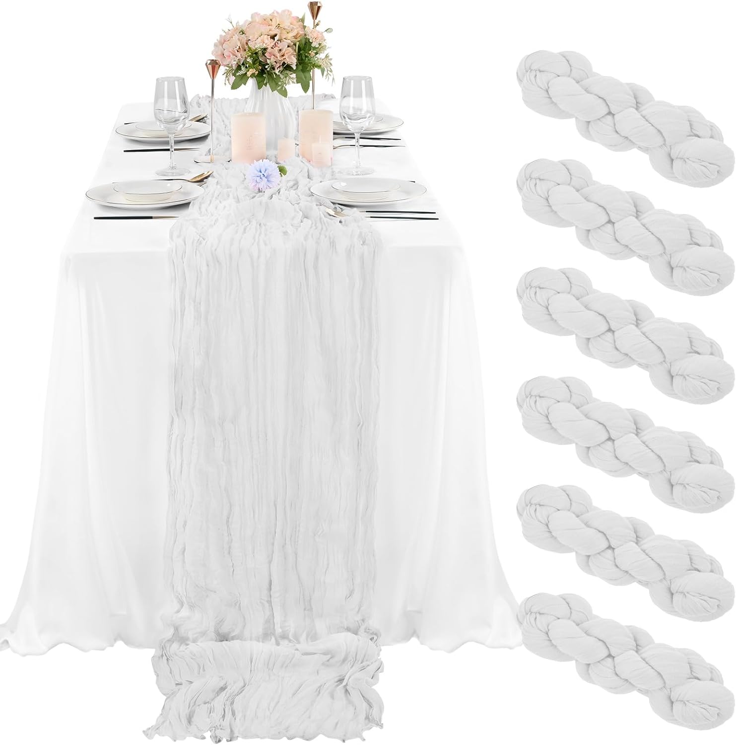 6 Pcs Sage Green Cheesecloth Table Runner 10FT, Gauze Table Runner for Wedding Reception Sheer Bridal Shower Birthday Party Boho Table Decoration, Rustic Romantic Wedding Runner