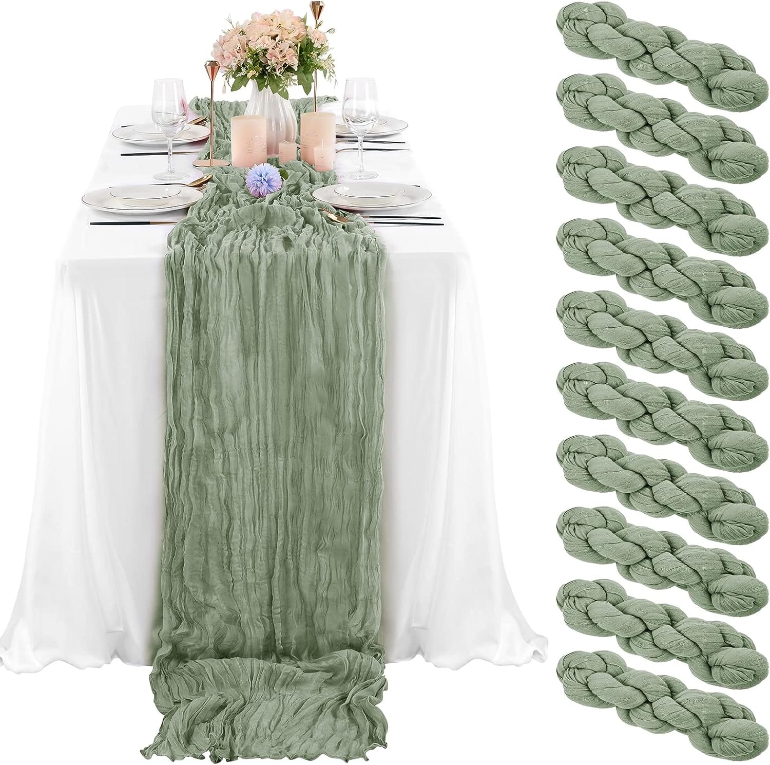 6 Pcs Sage Green Cheesecloth Table Runner 10FT, Gauze Table Runner for Wedding Reception Sheer Bridal Shower Birthday Party Boho Table Decoration, Rustic Romantic Wedding Runner