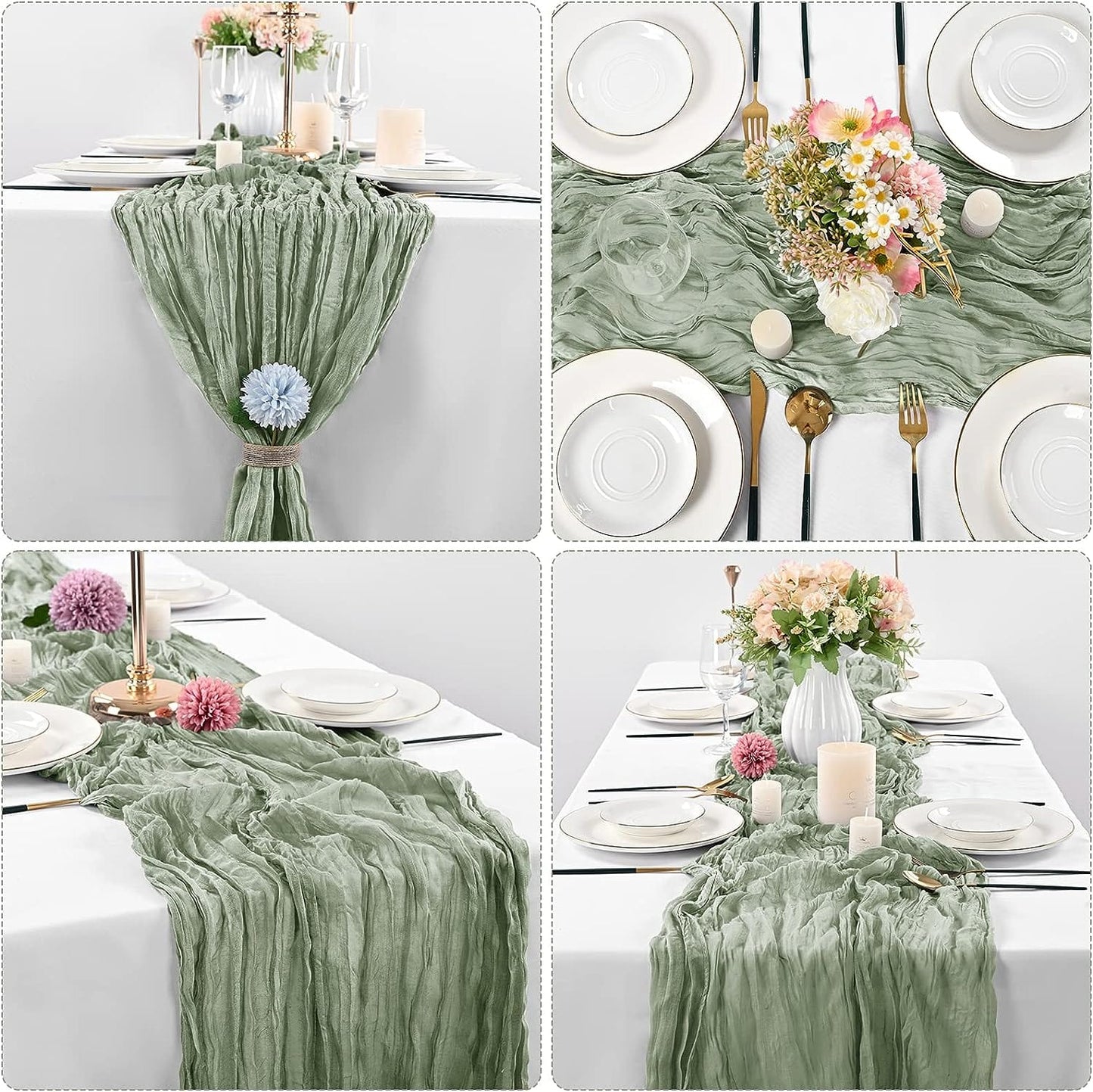 6 Pcs Sage Green Cheesecloth Table Runner 10FT, Gauze Table Runner for Wedding Reception Sheer Bridal Shower Birthday Party Boho Table Decoration, Rustic Romantic Wedding Runner