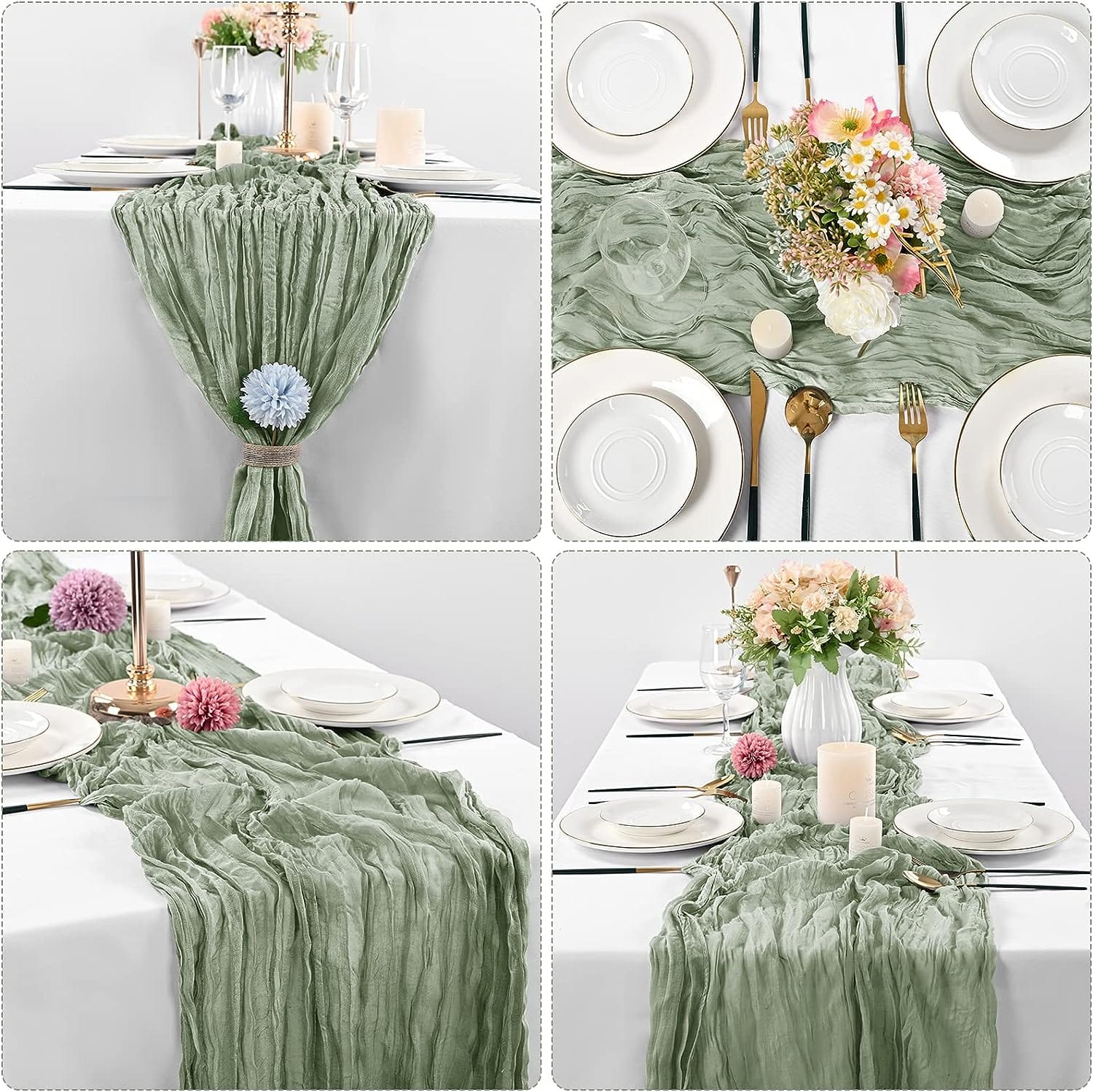 6 Pcs Sage Green Cheesecloth Table Runner 10FT, Gauze Table Runner for Wedding Reception Sheer Bridal Shower Birthday Party Boho Table Decoration, Rustic Romantic Wedding Runner