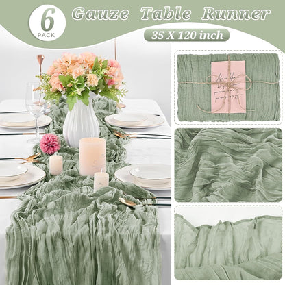 6 Pcs Sage Green Cheesecloth Table Runner 10FT, Gauze Table Runner for Wedding Reception Sheer Bridal Shower Birthday Party Boho Table Decoration, Rustic Romantic Wedding Runner