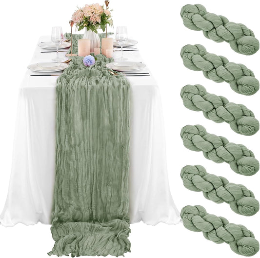 6 Pcs Sage Green Cheesecloth Table Runner 10FT, Gauze Table Runner for Wedding Reception Sheer Bridal Shower Birthday Party Boho Table Decoration, Rustic Romantic Wedding Runner
