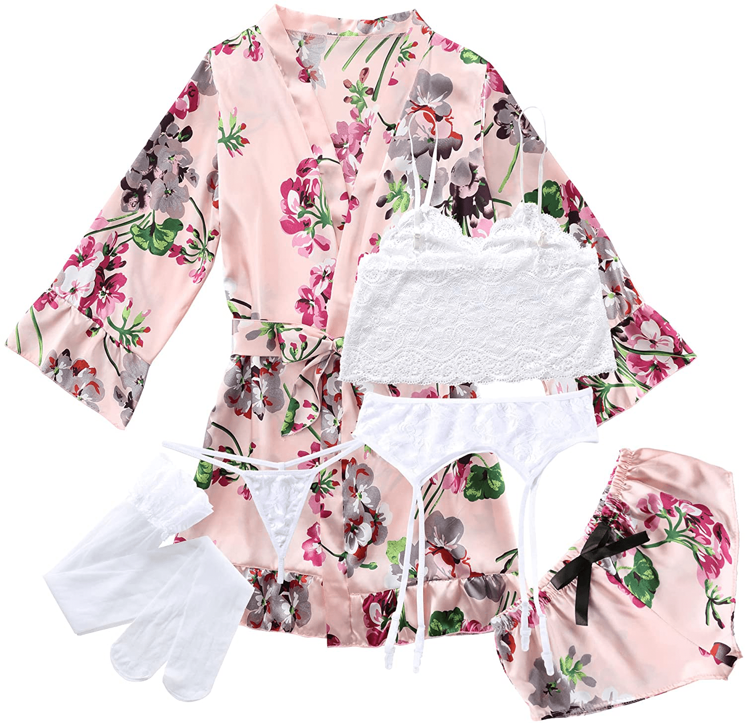 6 Pcs Silk Pajamas with Lingerie Set for Women, Floral Lace Cami Lingerie Satin Sleepwear with Garter Belts and Stocking Sets Apparel & Accessories > Clothing > Sleepwear & Loungewear Kylie Max   