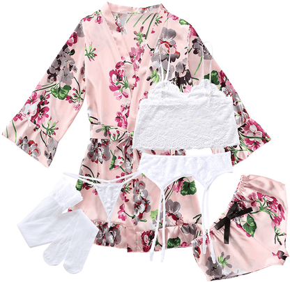 6 Pcs Silk Pajamas with Lingerie Set for Women, Floral Lace Cami Lingerie Satin Sleepwear with Garter Belts and Stocking Sets Apparel & Accessories > Clothing > Sleepwear & Loungewear Kylie Max   