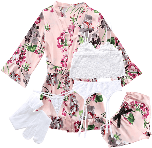 6 Pcs Silk Pajamas with Lingerie Set for Women, Floral Lace Cami Lingerie Satin Sleepwear with Garter Belts and Stocking Sets Apparel & Accessories > Clothing > Sleepwear & Loungewear Kylie Max   