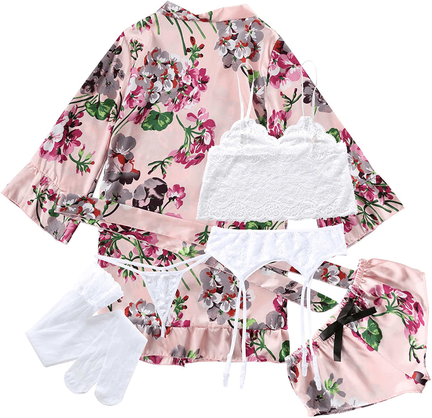6 Pcs Silk Pajamas with Lingerie Set for Women, Floral Lace Cami Lingerie Satin Sleepwear with Garter Belts and Stocking Sets Apparel & Accessories > Clothing > Sleepwear & Loungewear Kylie Max   