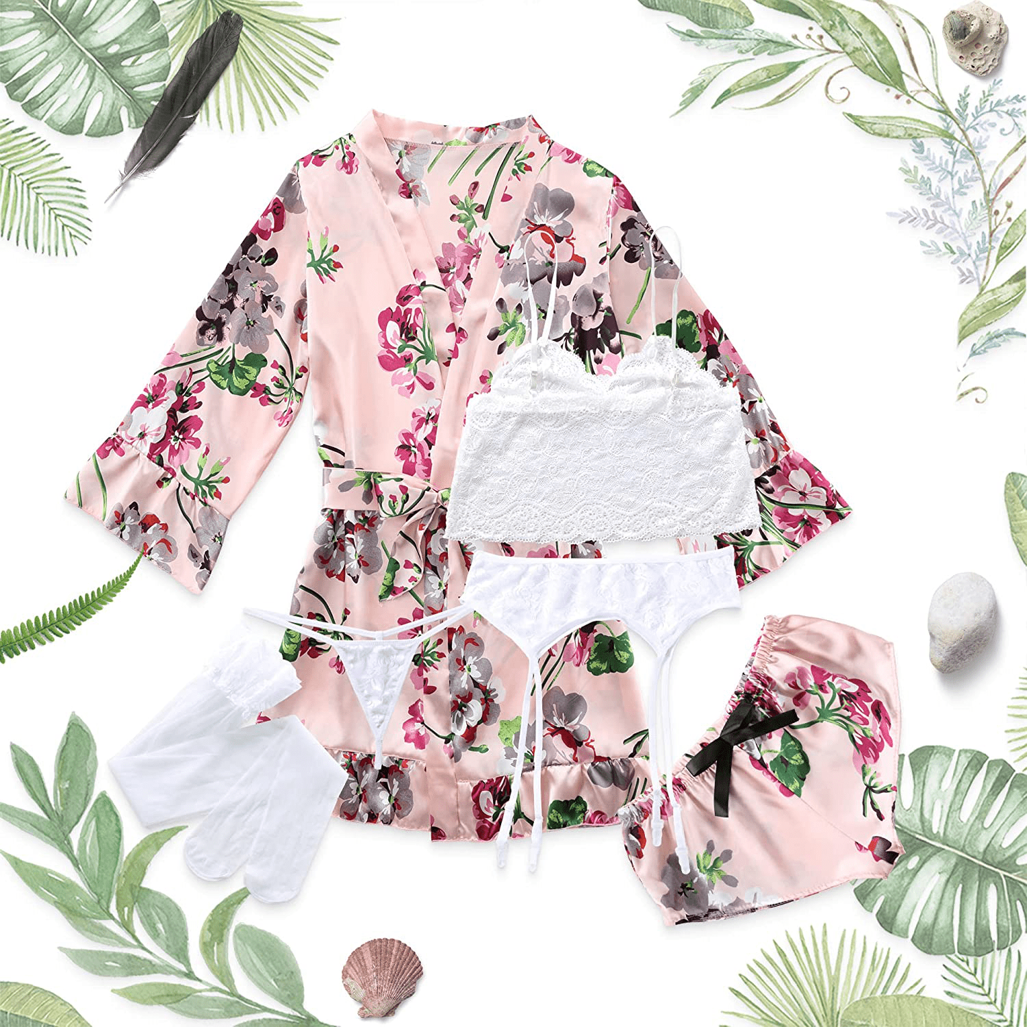 6 Pcs Silk Pajamas with Lingerie Set for Women, Floral Lace Cami Lingerie Satin Sleepwear with Garter Belts and Stocking Sets Apparel & Accessories > Clothing > Sleepwear & Loungewear Kylie Max   