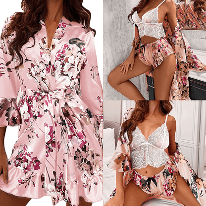 6 Pcs Silk Pajamas with Lingerie Set for Women, Floral Lace Cami Lingerie Satin Sleepwear with Garter Belts and Stocking Sets Apparel & Accessories > Clothing > Sleepwear & Loungewear Kylie Max   