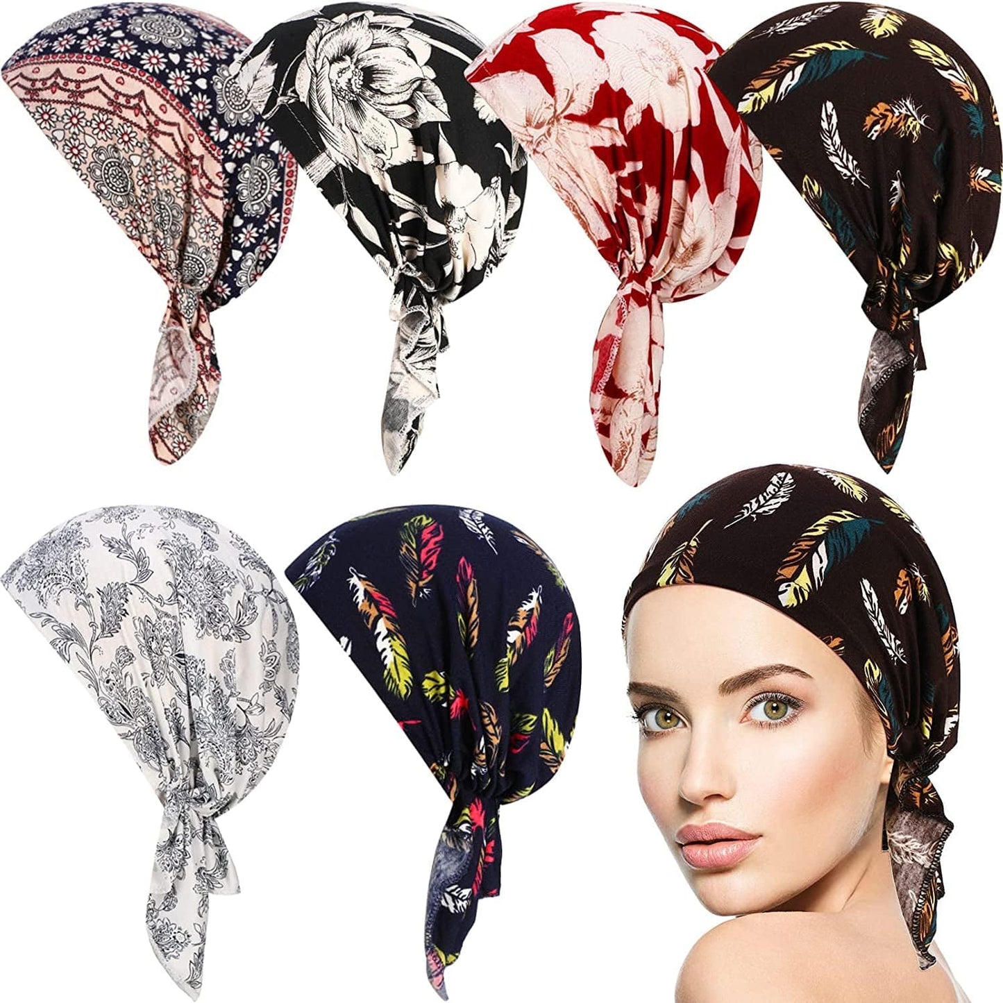 6 Pcs Women Head Scarf Pre-Tied Head Scarves Beanies Covers Cap Stretch Print Sleep Turban Hat Ruffle Beanie Scarf Apparel & Accessories > Clothing Accessories > Headwear Geyoga Floral  
