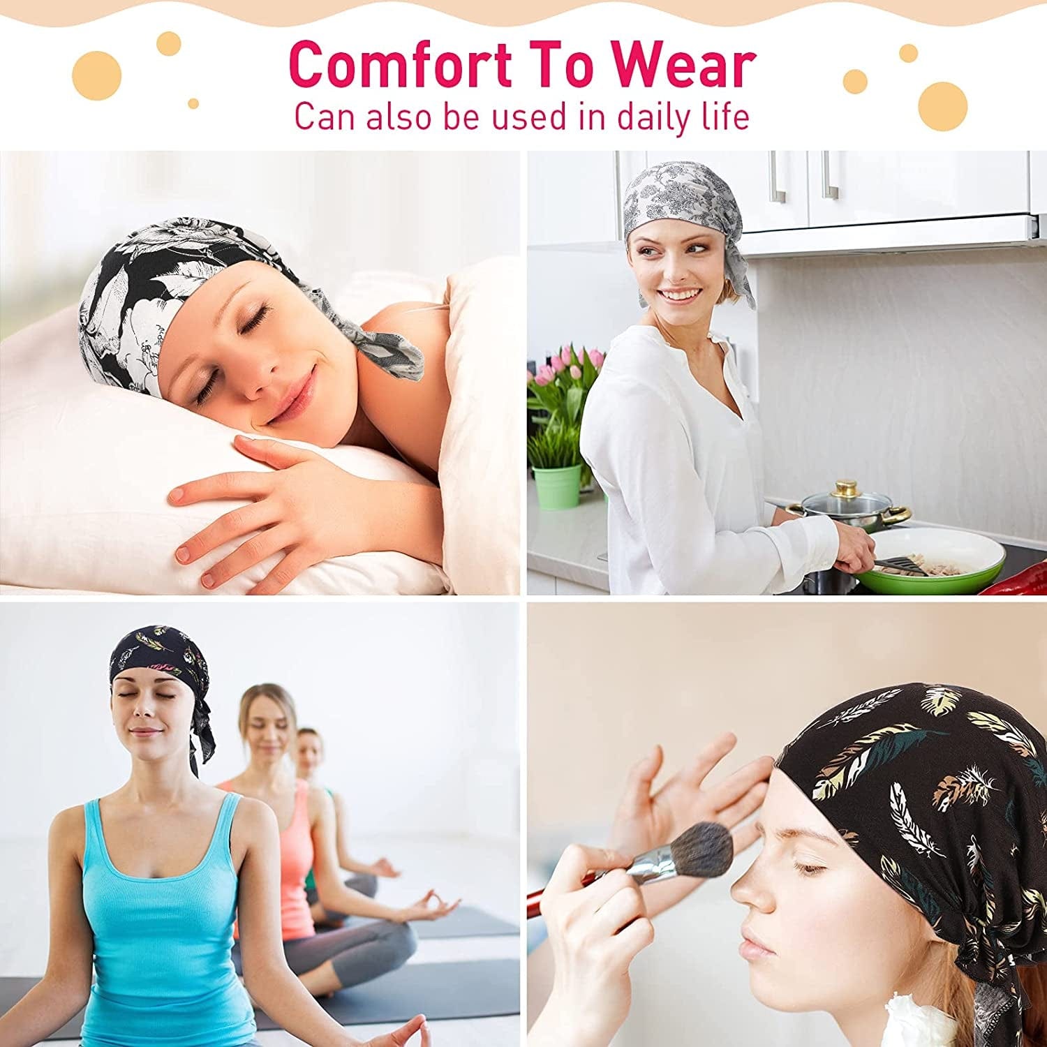 6 Pcs Women Head Scarf Pre-Tied Head Scarves Beanies Covers Cap Stretch Print Sleep Turban Hat Ruffle Beanie Scarf Apparel & Accessories > Clothing Accessories > Headwear Geyoga   