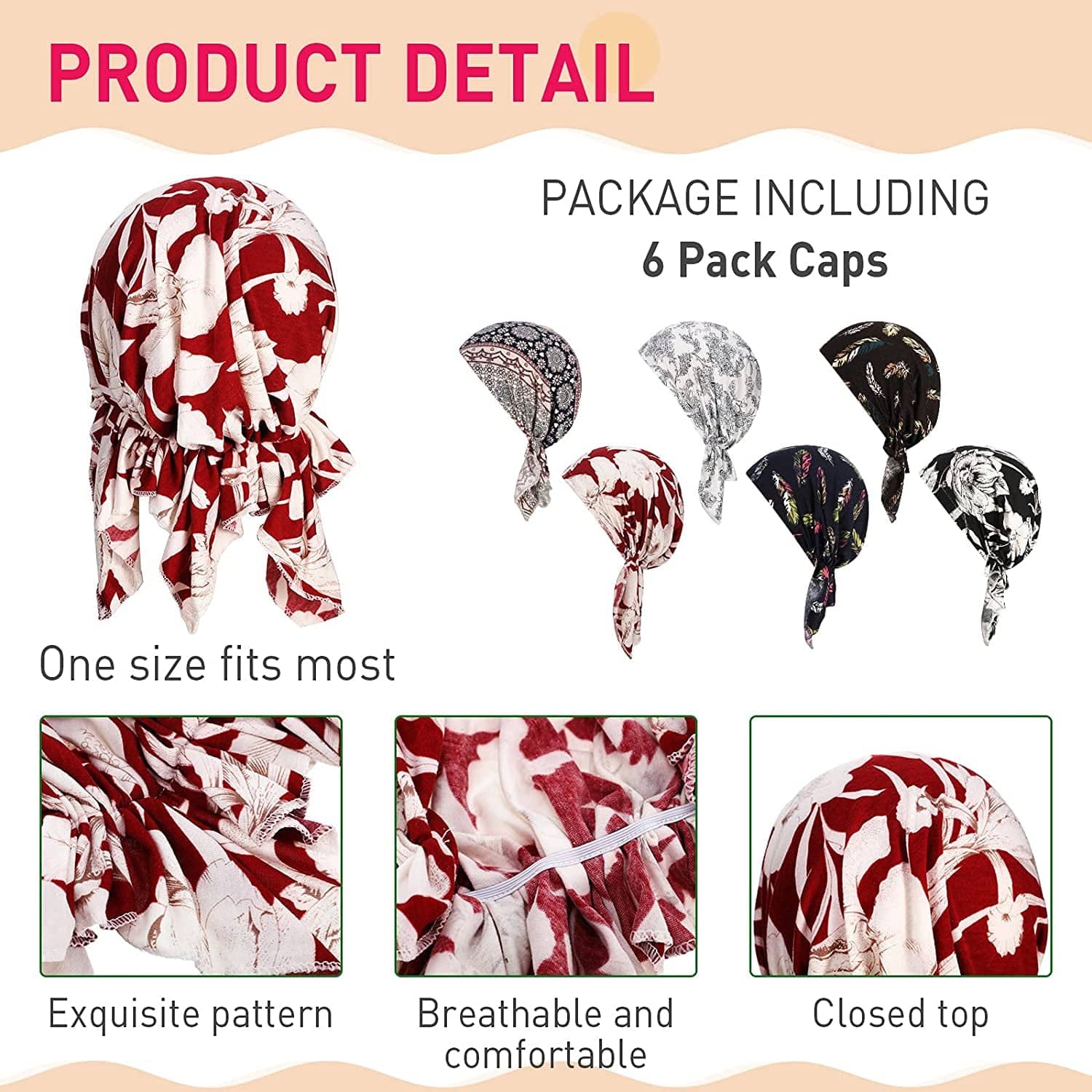 6 Pcs Women Head Scarf Pre-Tied Head Scarves Beanies Covers Cap Stretch Print Sleep Turban Hat Ruffle Beanie Scarf Apparel & Accessories > Clothing Accessories > Headwear Geyoga   