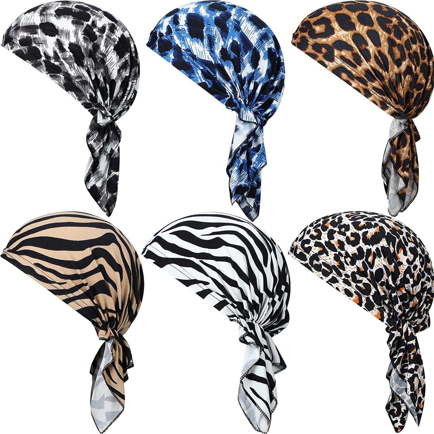 6 Pcs Women Head Scarf Pre-Tied Head Scarves Beanies Covers Cap Stretch Print Sleep Turban Hat Ruffle Beanie Scarf Apparel & Accessories > Clothing Accessories > Headwear Geyoga Leopard and Strip  