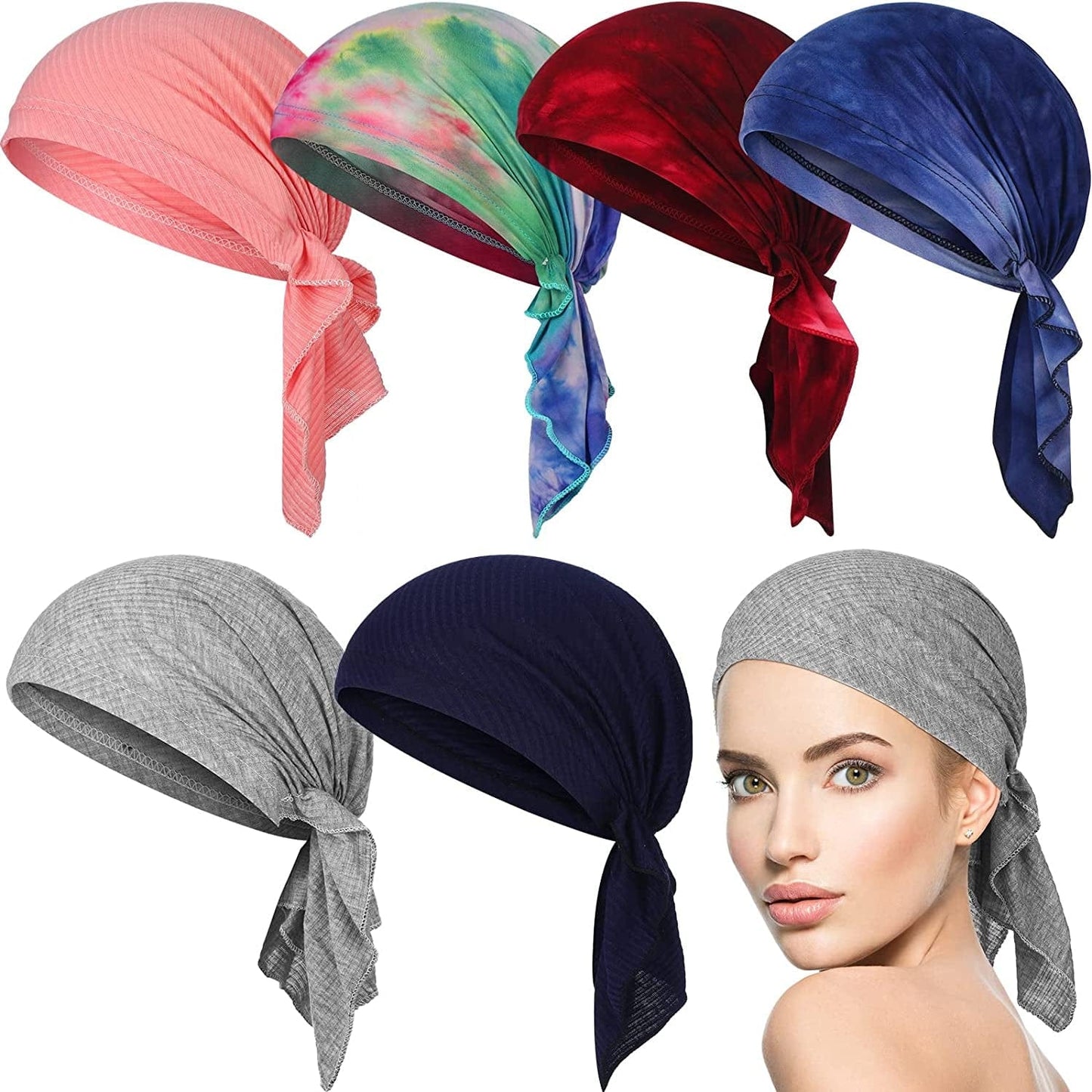 6 Pcs Women Head Scarf Pre-Tied Head Scarves Beanies Covers Cap Stretch Print Sleep Turban Hat Ruffle Beanie Scarf Apparel & Accessories > Clothing Accessories > Headwear Geyoga Elegant  