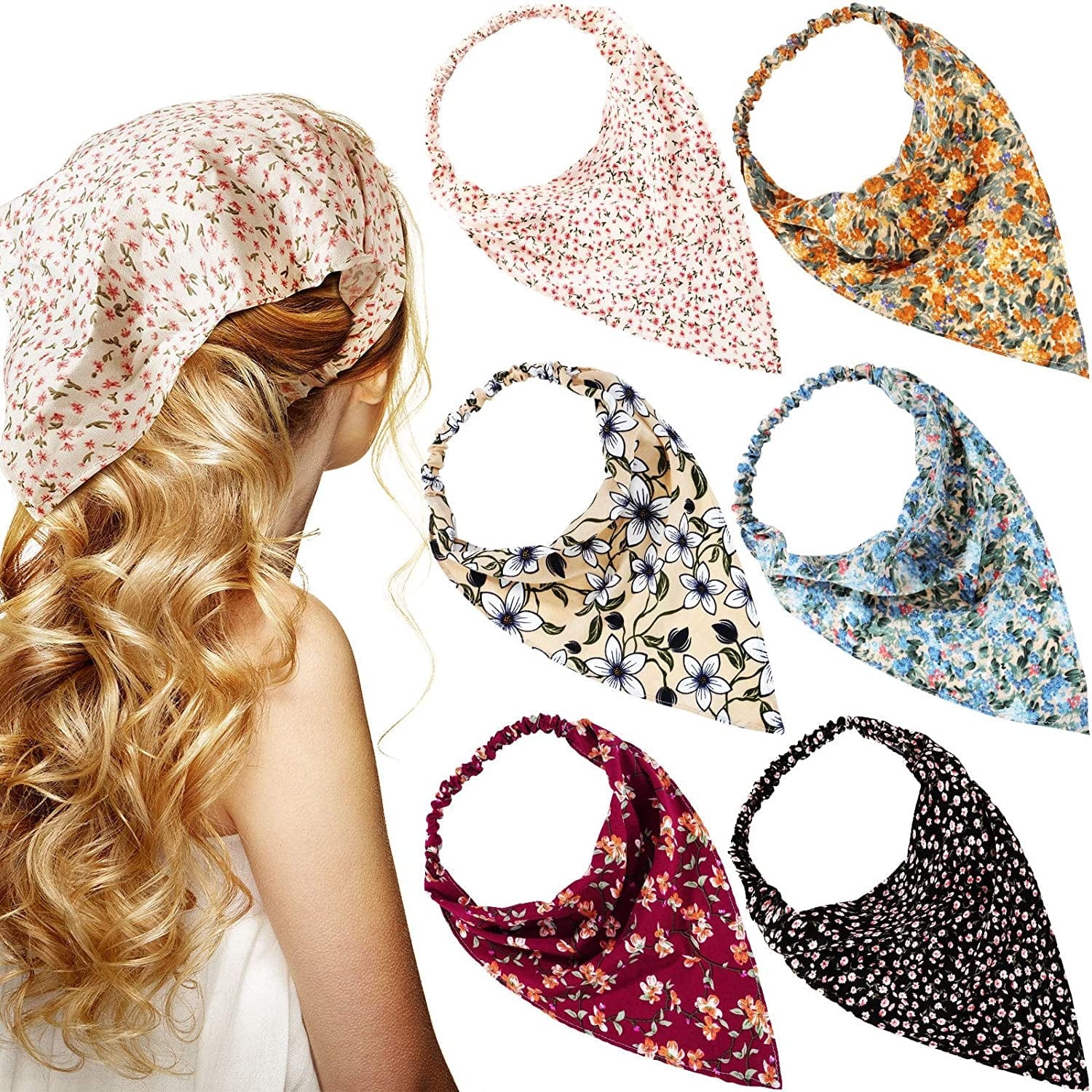 6 Pieces Floral Elastic Hair Bandanas Scarf Headband Chiffon Head Kerchief Floral Printed Turban Boho Headbands Hair Bandanas with Hair Clips for Women Girls Hair Accessories (Classic Floral Patterns) Apparel & Accessories > Clothing Accessories > Bandanas & Headties Syhood Rural Floral Patterns  