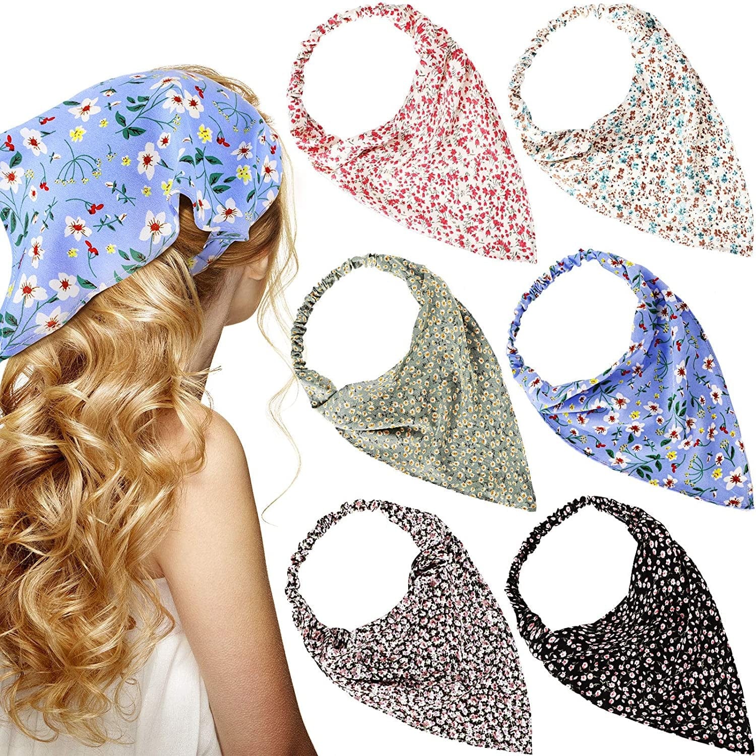 6 Pieces Floral Elastic Hair Bandanas Scarf Headband Chiffon Head Kerchief Floral Printed Turban Boho Headbands Hair Bandanas with Hair Clips for Women Girls Hair Accessories (Classic Floral Patterns) Apparel & Accessories > Clothing Accessories > Bandanas & Headties Syhood Retro Floral Patterns  
