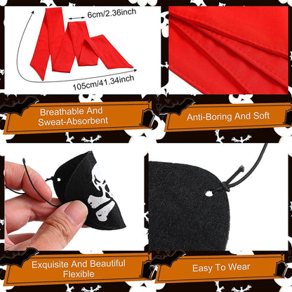 6 Pieces Halloween Pirate Party Favor Supplies, Pirate Accessories Include 3 Red Tie Headband Pirate Head Bandana 3 Black Pirate Eye Patches Skull Crossbone Captain Eye Covers for Woman Apparel & Accessories > Clothing Accessories > Bandanas & Headties Frienda   