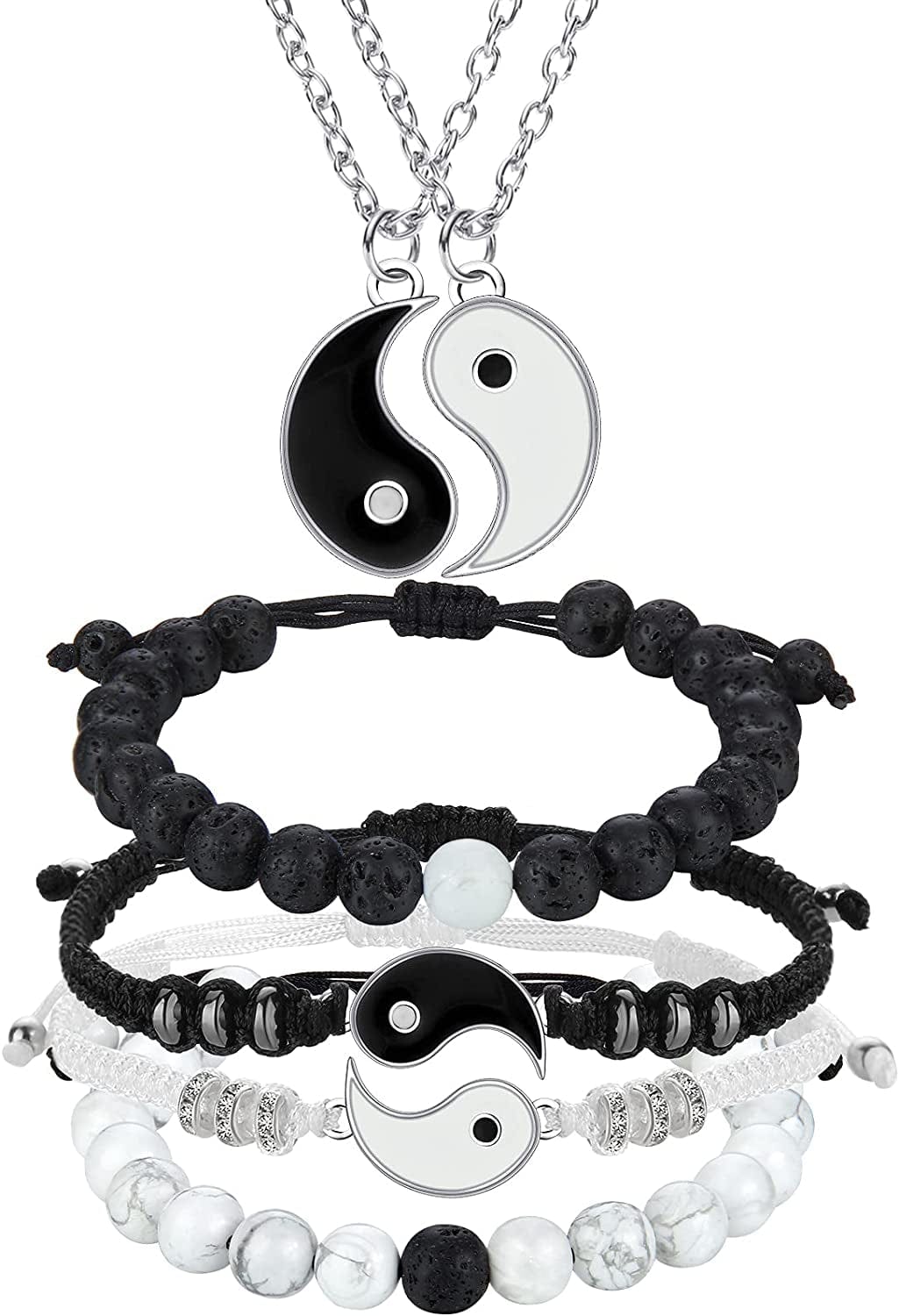6 Pieces Matching Yin Yang Friend Couple Bracelets with Necklace Set, Adjustable Waterproof Handmade Cord Relationship Bracelets for Friendship Boyfriend Girlfriend Apparel & Accessories > Jewelry > Bracelets Yaomiao Classic Style  