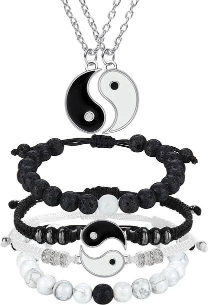 6 Pieces Matching Yin Yang Friend Couple Bracelets with Necklace Set, Adjustable Waterproof Handmade Cord Relationship Bracelets for Friendship Boyfriend Girlfriend Apparel & Accessories > Jewelry > Bracelets Yaomiao Classic Style  