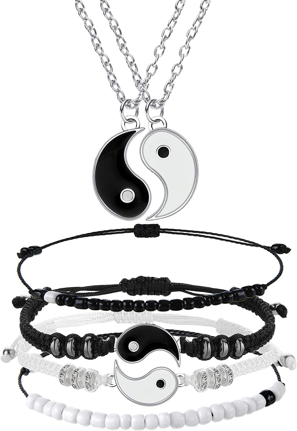 6 Pieces Matching Yin Yang Friend Couple Bracelets with Necklace Set, Adjustable Waterproof Handmade Cord Relationship Bracelets for Friendship Boyfriend Girlfriend Apparel & Accessories > Jewelry > Bracelets Yaomiao Simple Style  