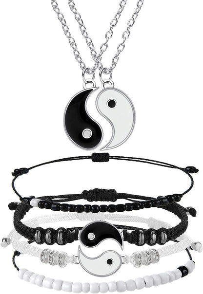 6 Pieces Matching Yin Yang Friend Couple Bracelets with Necklace Set, Adjustable Waterproof Handmade Cord Relationship Bracelets for Friendship Boyfriend Girlfriend Apparel & Accessories > Jewelry > Bracelets Yaomiao Simple Style  