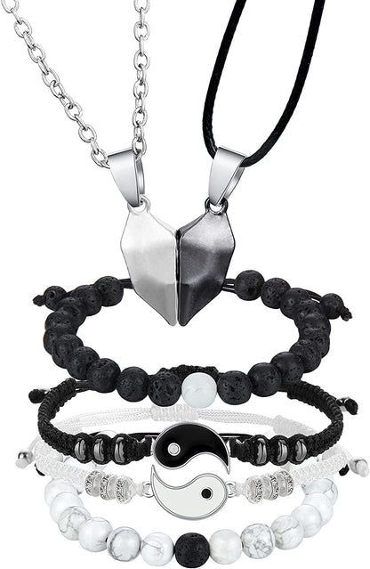 6 Pieces Matching Yin Yang Friend Couple Bracelets with Necklace Set, Adjustable Waterproof Handmade Cord Relationship Bracelets for Friendship Boyfriend Girlfriend Apparel & Accessories > Jewelry > Bracelets Yaomiao Bright Style  